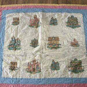 Vintage Cranston Home House Quilt Baby Blanket Nursery 53.5”x44” Yellow Pink Blu